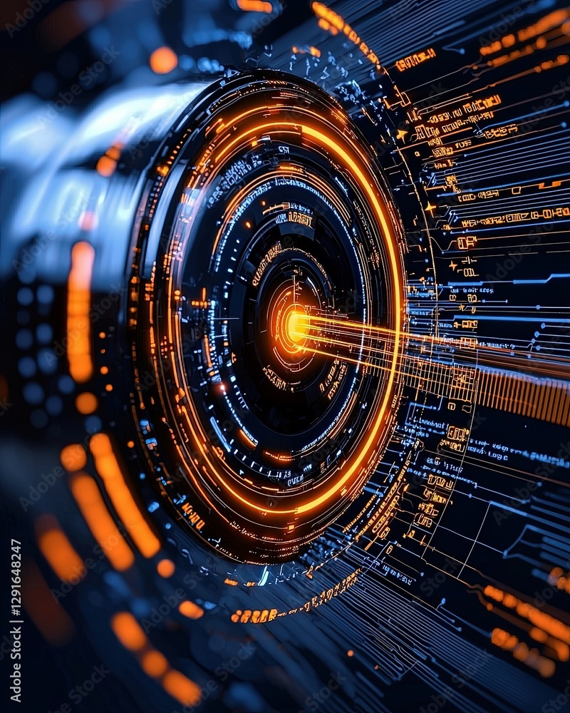 Poster futuristic abstract technology background with circles and flowing data in bright colors
