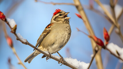 Red-crested songbird perched on a snow-dusted branch, singing against a bright blue sky, in the winter with new red flower blooms.