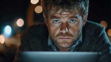 Professional working intensely on laptop, late-night urban office with low ambient lighting