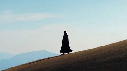Pilgrim Traveling on Foot Towards a Sacred Destination Against a Scenic Background