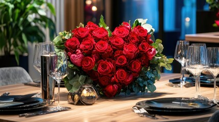 Obraz premium Heart-shaped rose arrangement placed at the center of a dining table