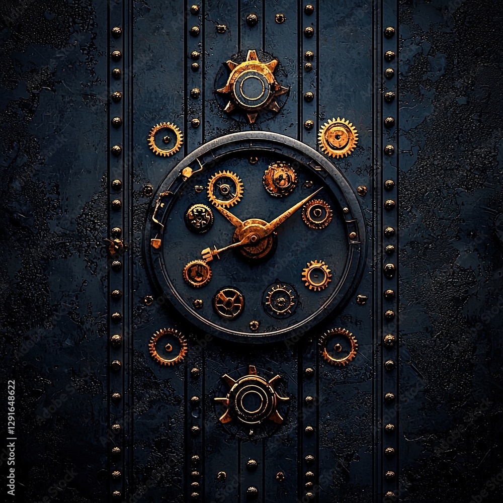 Poster intricate vintage clock mechanism with gears and cogs on textured dark background