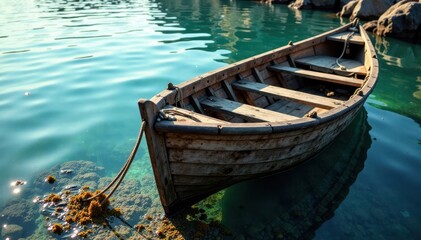 Old wooden boat on dock with fish and seaweed , seaweed, nautical, ocean