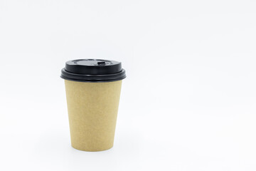 Brown paper coffee cup with black lid on white background, Brown paper cup blank coffee cup for takeaway on white background, Brown empty paper cup for coffee eco coffee cafe.