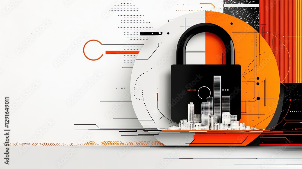 Poster modern digital security concept with lock symbol and abstract cityscape on futuristic background