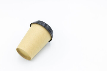 Brown paper coffee cup with black lid on white background, Brown paper cup blank coffee cup for takeaway on white background, Brown empty paper cup for coffee eco coffee cafe.