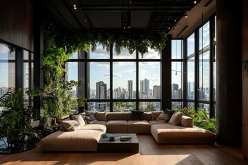 Modern penthouse living room, city view, indoor plants, sunlight