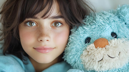 Girl cuddling teddy, bedroom, happy, morning