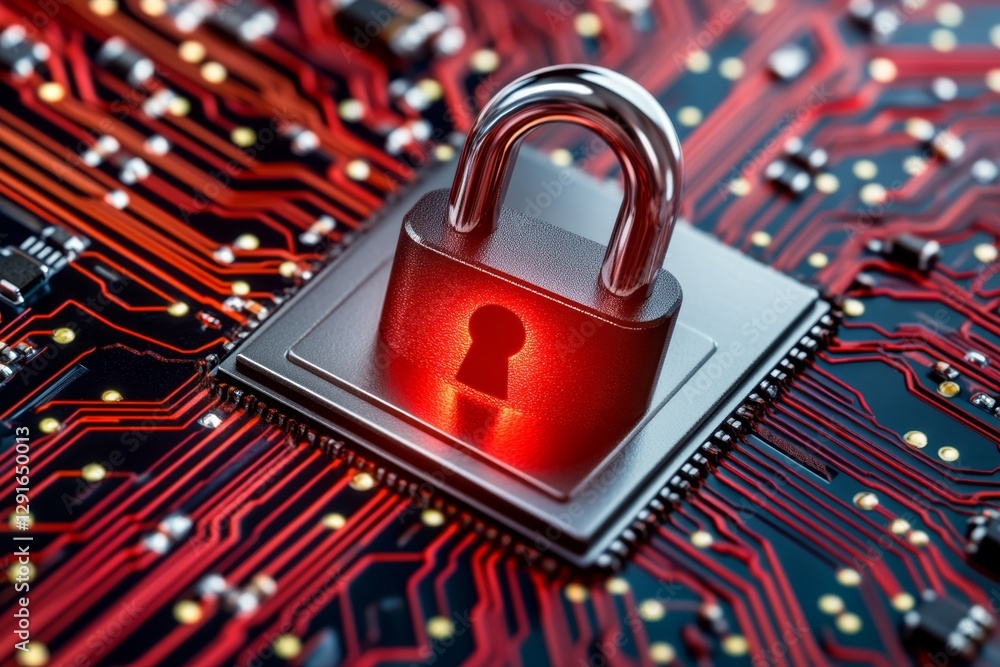 Poster A digital lock on top of an electronic circuit board, symbolizing security in cyberspace. The padlock is glowing with red light and surrounded by intricate patterns that suggest advanced technology.