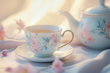 Fototapeta premium A delicate floral teacup and teapot sit gracefully on a soft background, exuding a warm, inviting ambiance perfect for tea time.