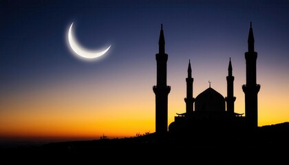 As the sun sets, the crescent moon casts its glow over the silhouetted mosque, marking Iftar.