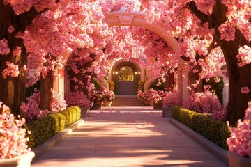 Fototapeta premium Pink blossoms archway garden path, spring scene