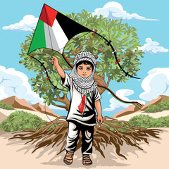 Child from Gaza, little Boy with Keffiyeh holding a Palestinian Flag symbol of freedom, and standing in front of an Olive Tree Vector illustration 2
