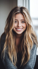 Cheerful woman smiling indoors by the window