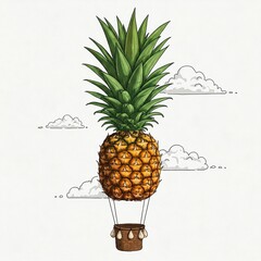Whimsical pineapple transformed into a floating hot air balloon, symbolizing exploration