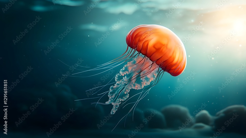 Poster mesmerizing image of a floating jellyfish emitting a bioluminescent glow creating a dreamy serene an