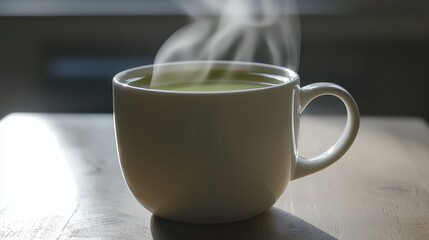 Fototapeta premium A steaming white cup of tea or coffee sits on a wooden table, capturing a cozy and inviting atmosphere.