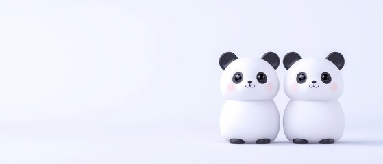 Two adorable panda figurines on a minimalistic background.