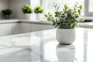 Close up of white marble table in modern kitchen interior with daylight from window background. High quality photo