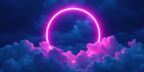 Obraz premium A Glowing Pink Neon Circle in a Dreamlike Nightscape Above a Sea of Clouds