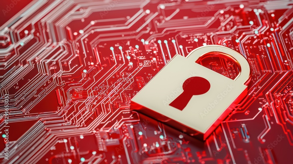 Poster digital data breach alert on red screen with lock symbol and circuitry
