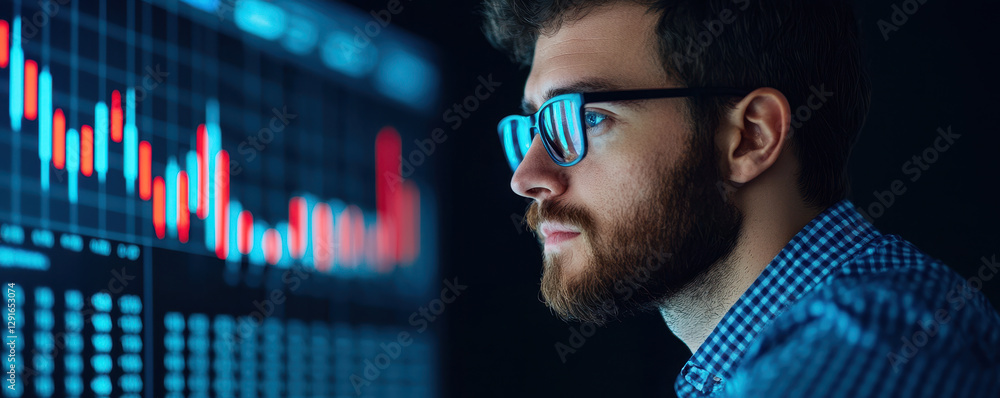 Poster professional man analyzing financial data on screen with graphs