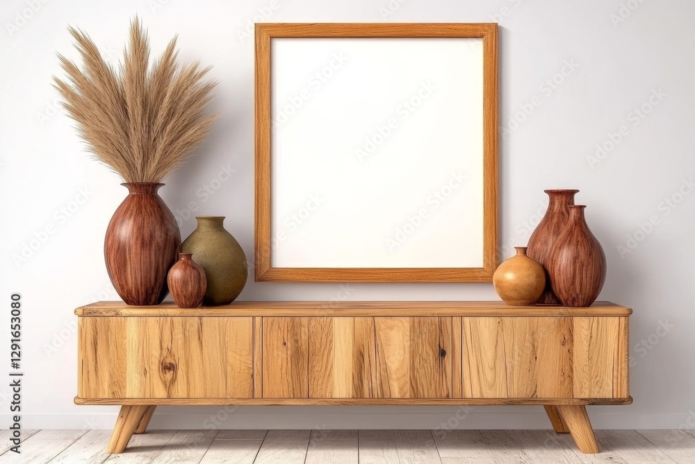 Poster a large, blank wooden frame is hanging on the wall above an elegant oak sideboard with several vases