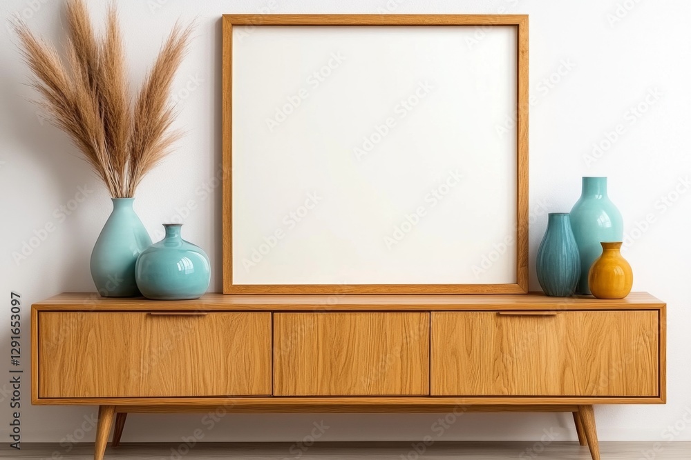 Poster a large, blank wooden frame is hanging on the wall above an elegant oak sideboard with several vases