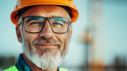 Close-up of confident construction worker smiling on building site, showcasing professionalism and expertise in engineering