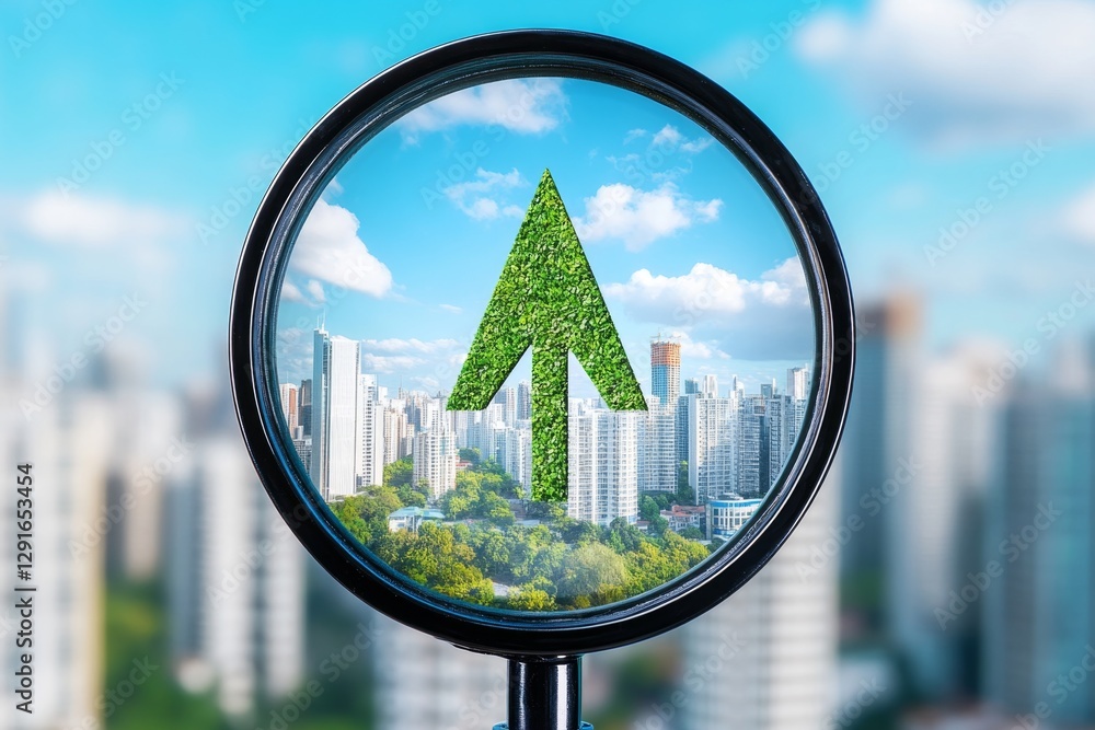 Poster a magnifying glass focusing on an arrow pointing upwards, symbolizing growth and progress in green b