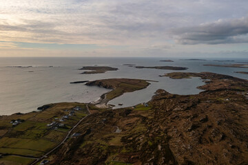 Aerial photograph of Sky Road and its rural islands, in Clifden Bay, Connemara, Ireland