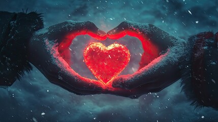 Two hands holding a glowing red heart together in the snow