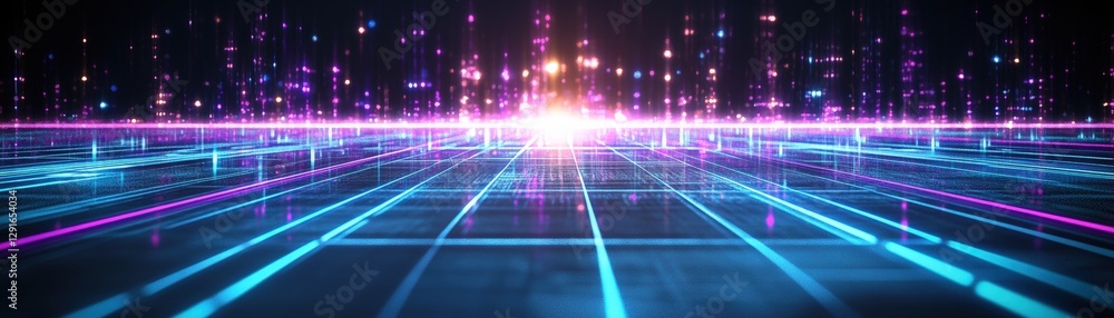 Poster abstract technology background featuring glowing lines and neon lights in vibrant colors and pattern