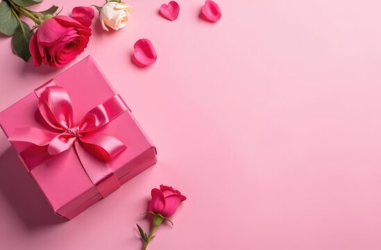Fototapeta Gift box and flowers top view empty copy space background. Mother's day backdrop. Valentine's card. Pink romantic greeting blank.Women's day.Birthday