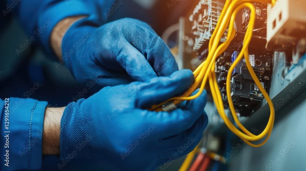 Poster electrical engineer working on wiring and circuits in close-up view