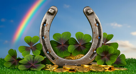 A horseshoe surrounded by shamrocks and gold coins, with a rainbow in the background, St. Patrick's Day