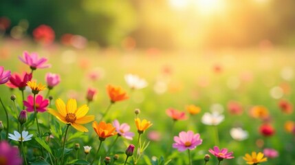 Obraz premium Vibrant wildflowers bathed in the warm glow of a setting sun, creating a picturesque scene of natural beauty and tranquility in a lush meadow