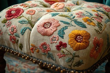 Close Up Embroidered Floral Tufted Stool