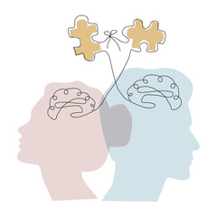 Print Silhouette of two people depicting mutual understanding of. 
Couple,Mutual understanding and dialog, puzzle concept. . Psychology of relationship concept.Vector available. Mutual understanding. 
