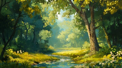 Sunlit Stream in a Summer Forest: Digital Painting of a Tranquil Woodland Scene AI Generated