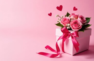 Gift box and flowers top view empty copy space background. Mother's day backdrop. Valentine's card. Pink romantic greeting blank.Women's day.Birthday