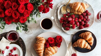 Valentine's Day breakfast spread with croissants, coffee, and red roses