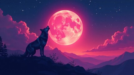 Lone Wolf Howling at a Vibrant Pink Moonlit Night Sky over Silhouetted Mountains