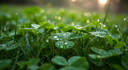 A close-up of dew-covered shamrocks in a meadow, St. Patrick's Day