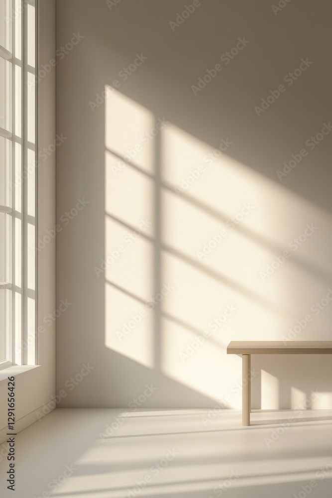 Poster sunlight filters through large windows creating soft shadows in a minimalist interior space with a s