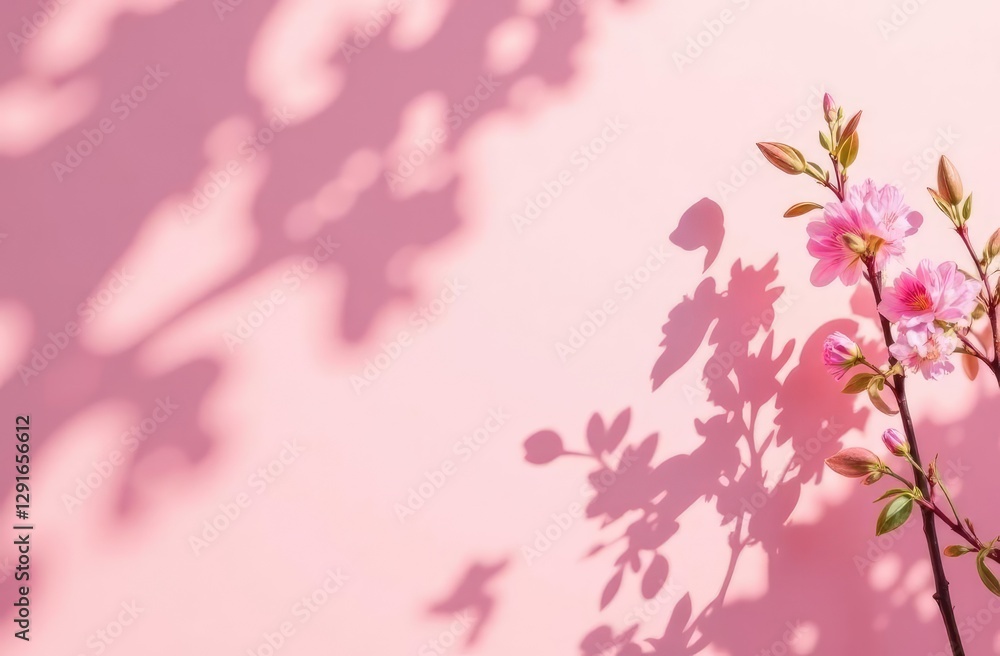 Poster spring summer blurred light pink background with shadow of the tree leaves and flowers on a wall. ab