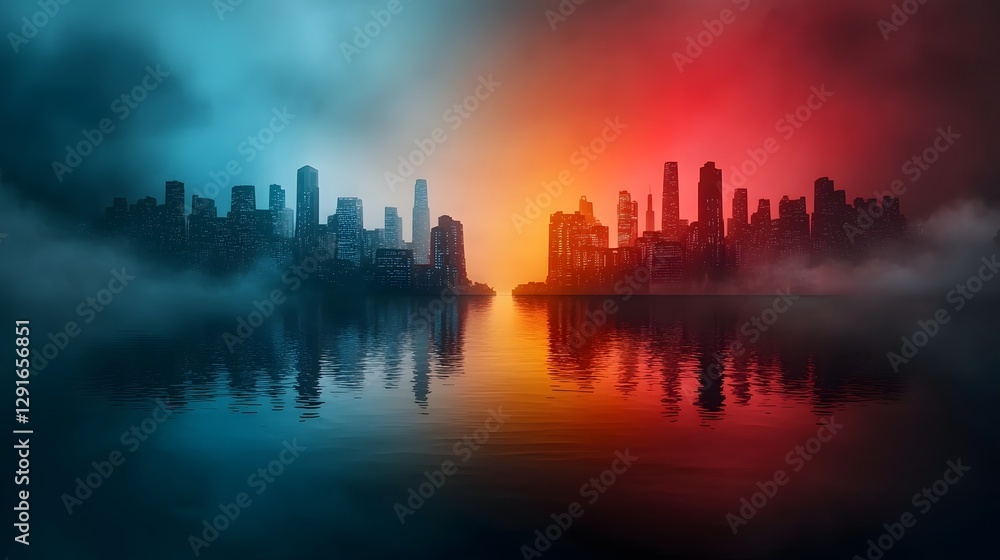 Poster mesmerizing minimalist dark futuristic cityscape with glowing neon skyscrapers and towers reflected 