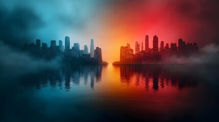 Fototapeta premium Mesmerizing minimalist dark futuristic cityscape with glowing neon skyscrapers and towers reflected in the tranquil waters creating a captivating and enigmatic atmosphere