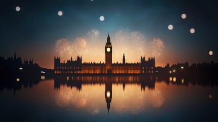 Naklejka premium Celebrating the Arrival of the New Millennium with Fireworks Over Big Ben and the House of Parliament in London