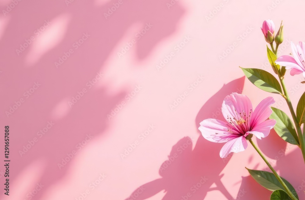 Poster spring summer blurred light pink background with shadow of the tree leaves and flowers on a wall. ab